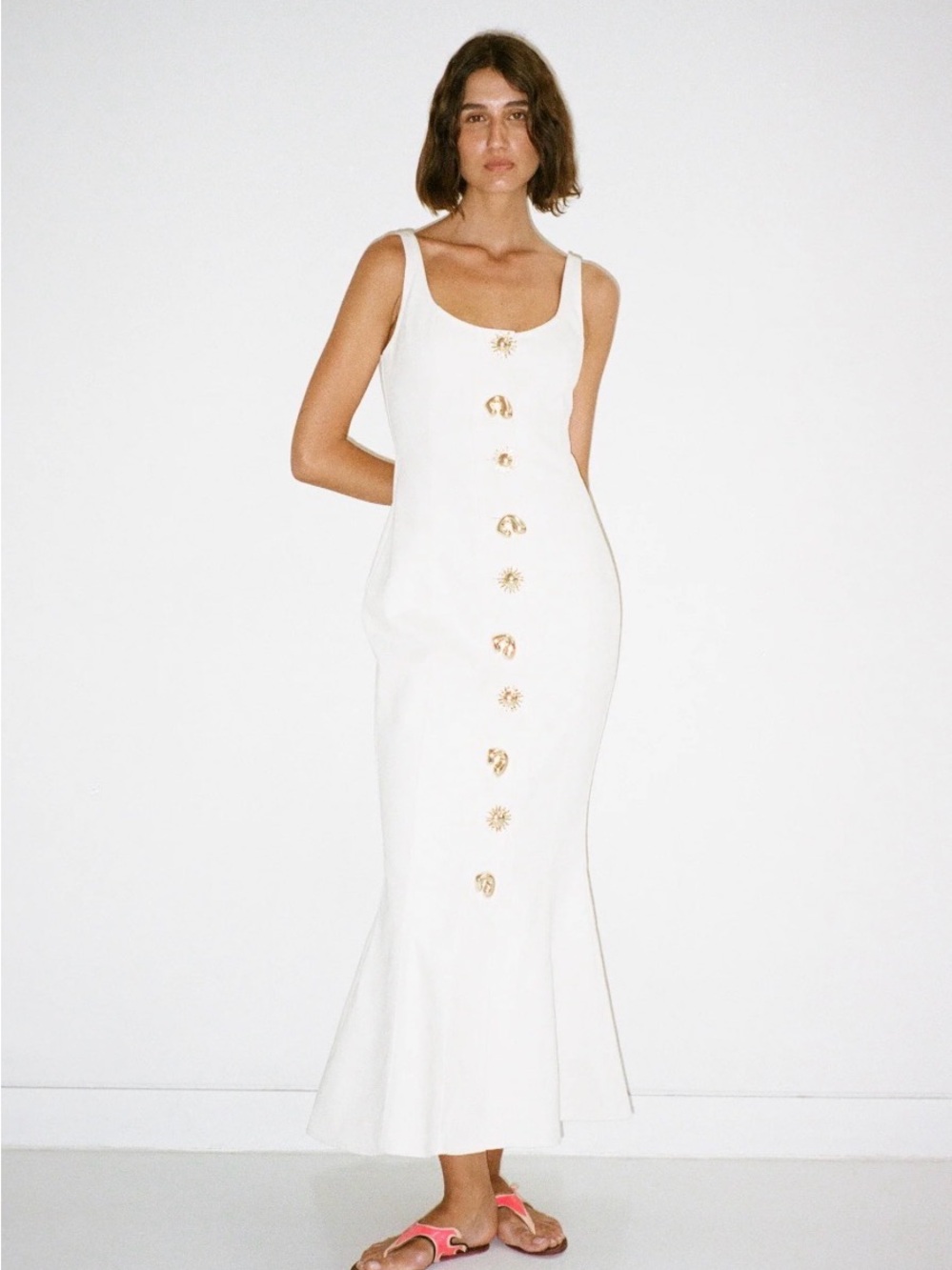 Elegant White Midi Dress with Gold Button Detail